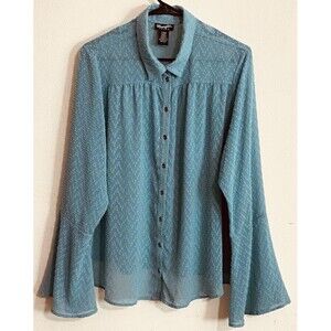 Wrangler Retro Women’s Sheer Teal Shirt Sz L Bell Sleeves Textured Rodeo Chic